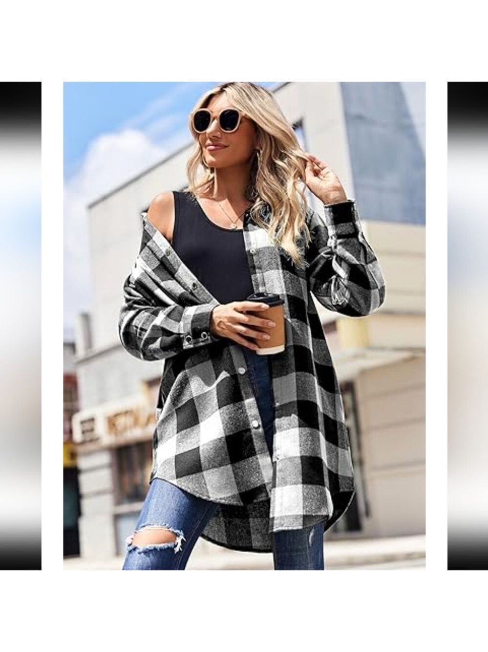 ZEAGOO ELONGATED BLACK WHITE LONG SLEEVE SNAP FRONT FLANNEL SHIRT NWT LARGE